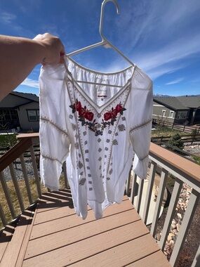 Johnny Was White Peasant Blouse with Red Rose Embroidery